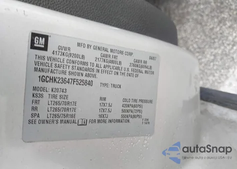 2007 Chevrolet Silverado 2500Hd Ltz z USA, uszkodzony, nr VIN 1GCHK23647F525840